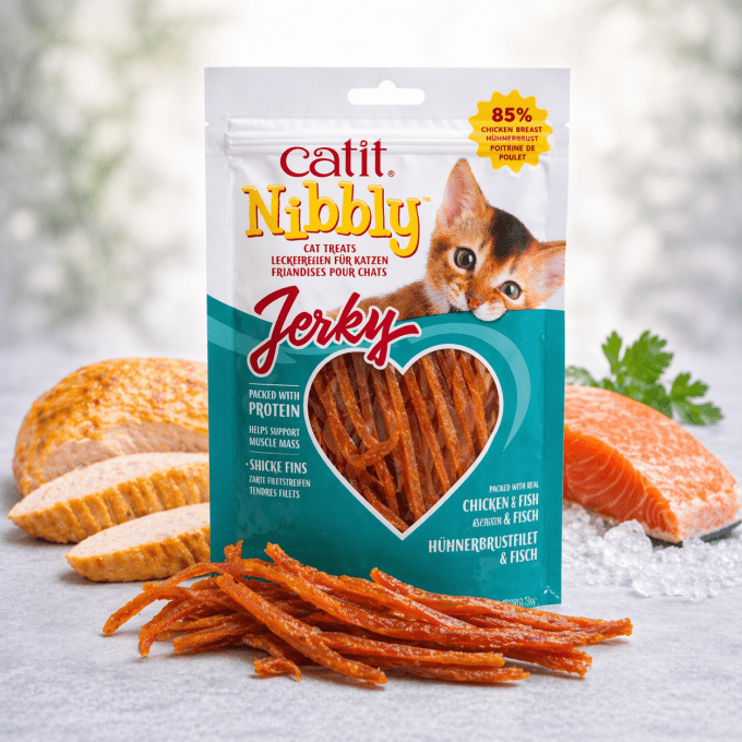 Friandises Catit Nibbly Jerky – Poulet ou Poulet Poisson 