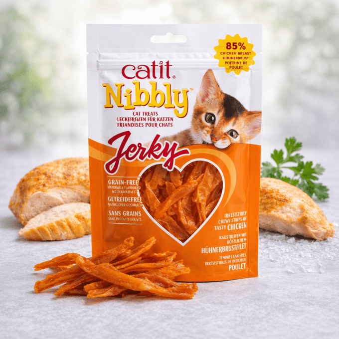 Friandises Catit Nibbly Jerky – Poulet ou Poulet Poisson 